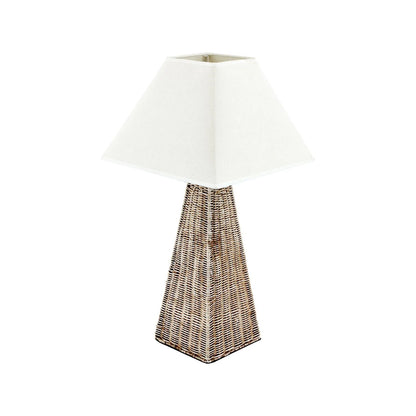 Antique Cream-Washed Rattan Pyramid Table Lamp with 35cm Cream Cotton Tapered Lampshade – Woven Natural Table Light 65x35x35cm | Click Style