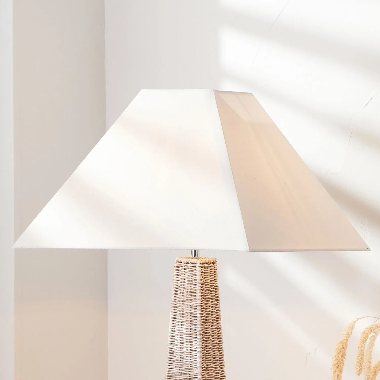 Antique Cream-Washed Rattan Pyramid Table Lamp with 35cm Cream Cotton Tapered Lampshade – Woven Natural Table Light 65x35x35cm | Click Style
