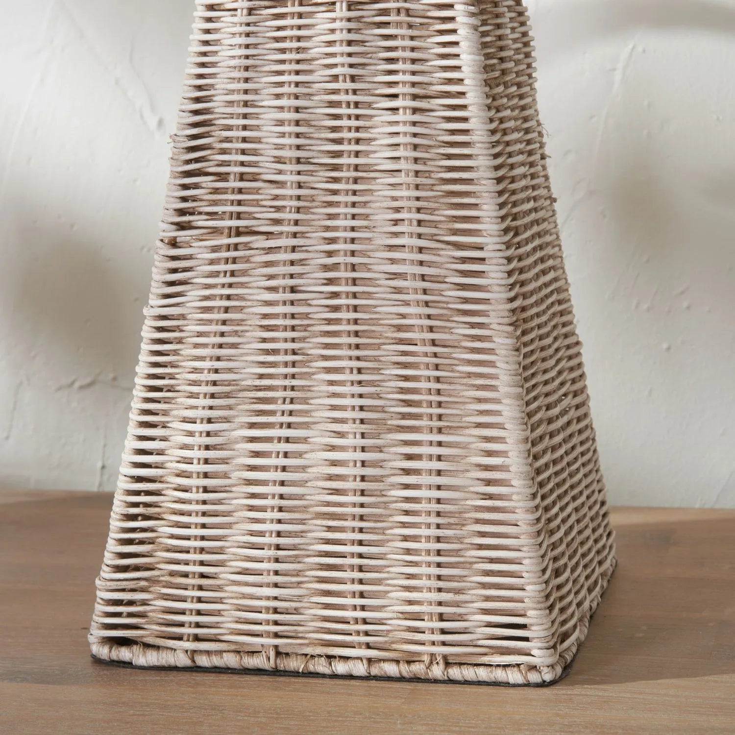 Antique Cream-Washed Rattan Pyramid Table Lamp with 35cm Cream Cotton Tapered Lampshade – Woven Natural Table Light 65x35x35cm | Click Style