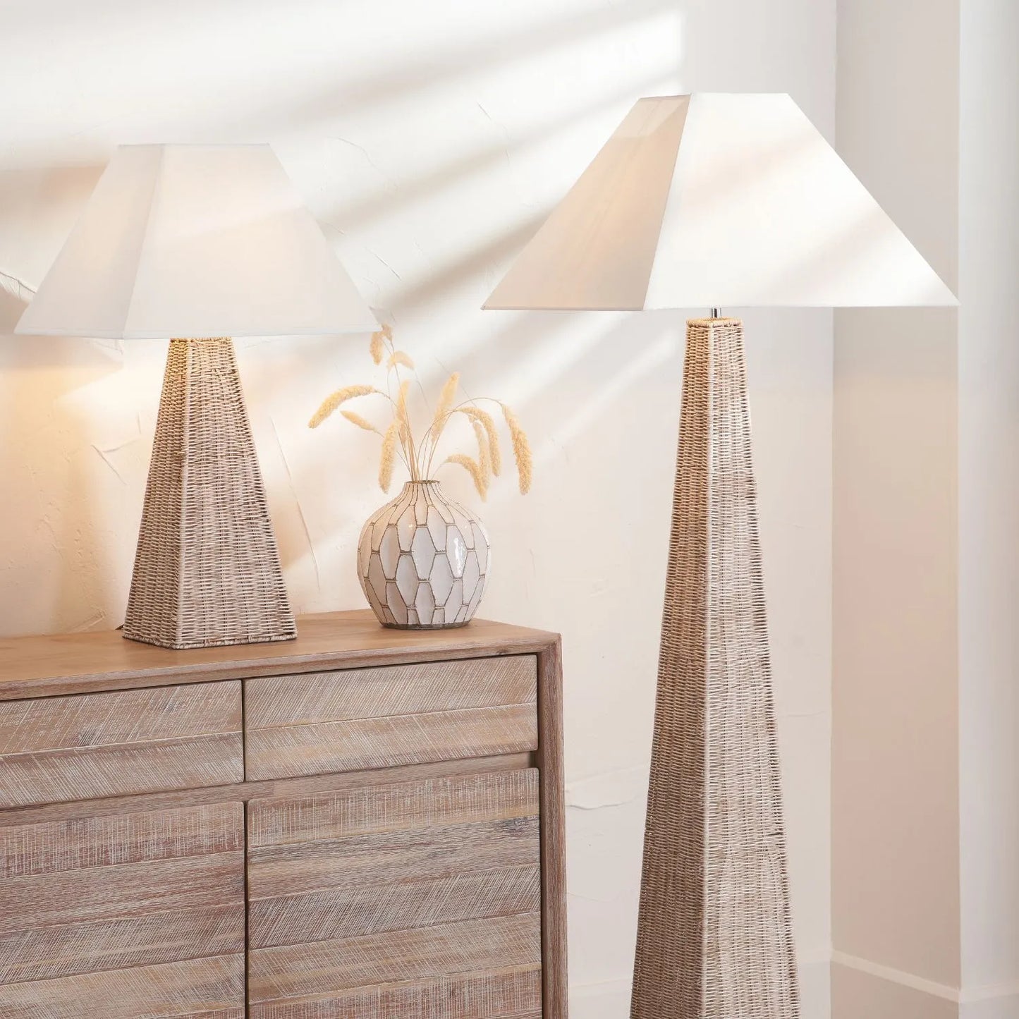 Antique Cream-Washed Rattan Pyramid Table Lamp with 35cm Cream Cotton Tapered Lampshade – Woven Natural Table Light 65x35x35cm | Click Style