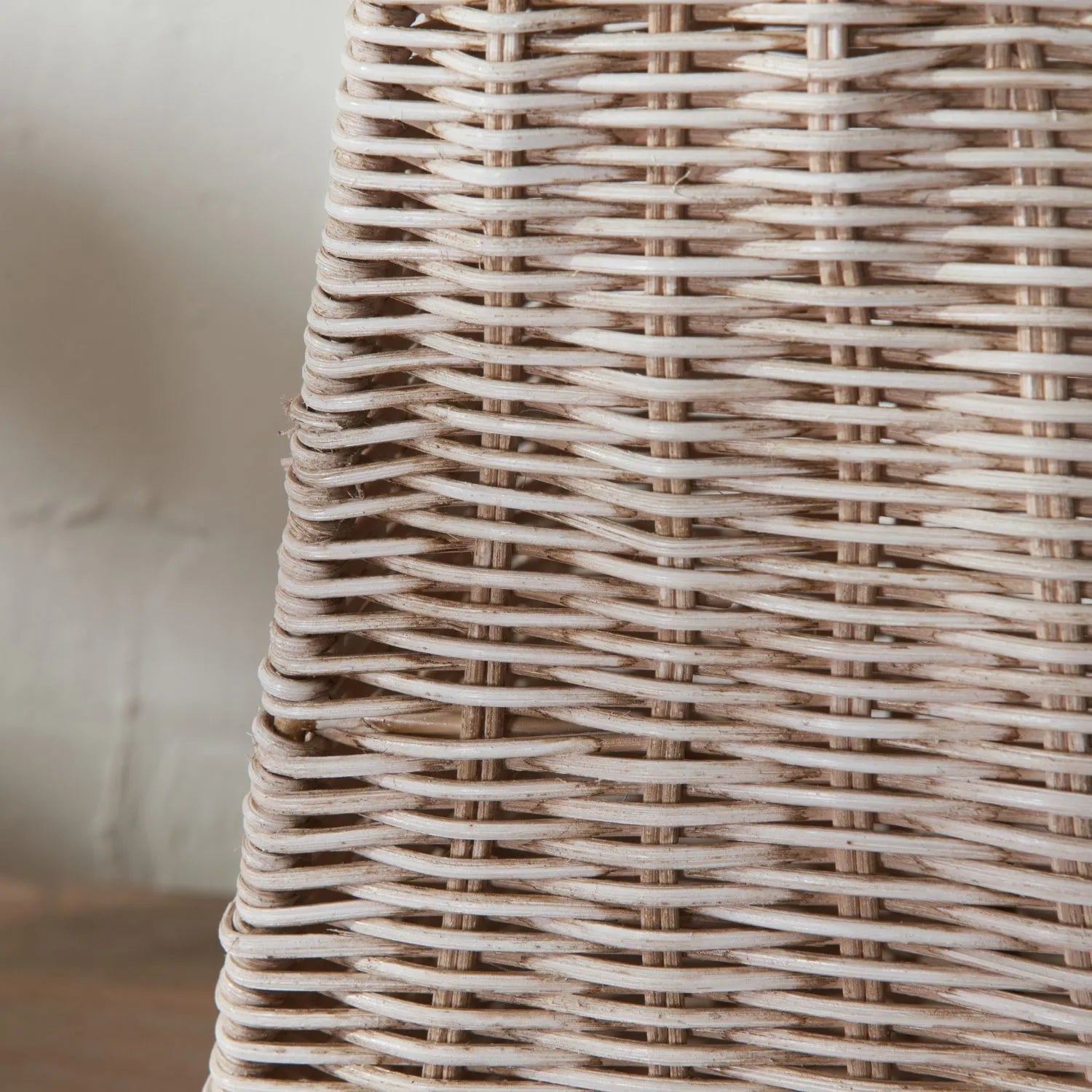 Antique Cream-Washed Rattan Pyramid Table Lamp with 35cm Cream Cotton Tapered Lampshade – Woven Natural Table Light 65x35x35cm | Click Style