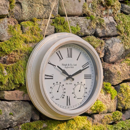 Antique Cream & Brushed Gold Round Indoor Outdoor Wall Clock with Roman Numerals & Temperature Humidity Dials 42x9cm - Click Style
