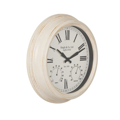 Antique Cream & Brushed Gold Round Indoor Outdoor Wall Clock with Roman Numerals & Temperature Humidity Dials 42x9cm - Click Style