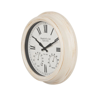 Antique Cream & Brushed Gold Round Indoor Outdoor Wall Clock with Roman Numerals & Temperature Humidity Dials 42x9cm - Click Style