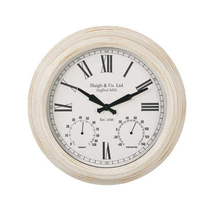 Antique Cream & Brushed Gold Round Indoor Outdoor Wall Clock with Roman Numerals & Temperature Humidity Dials 42x9cm - Click Style