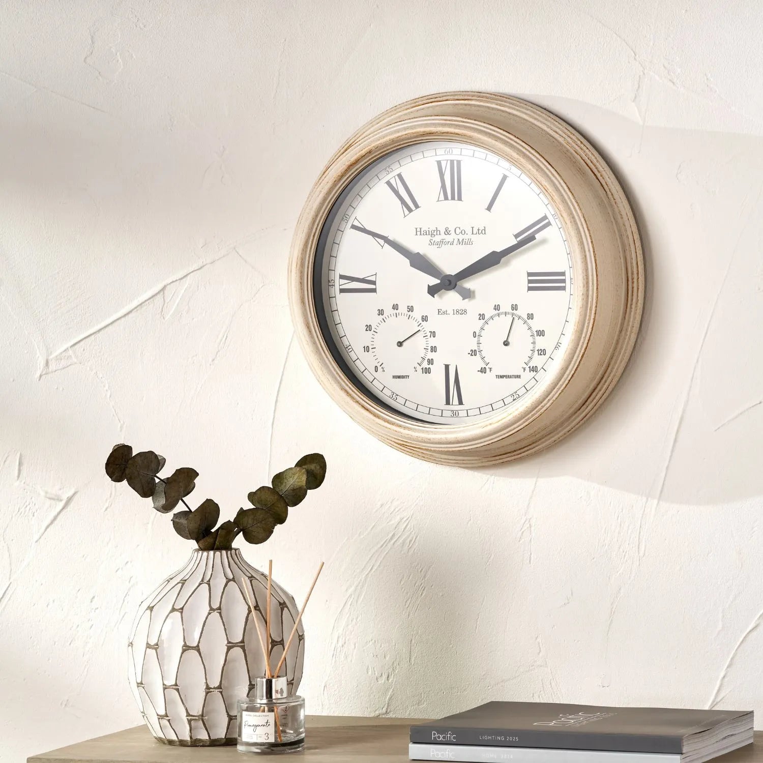 Antique Cream & Brushed Gold Round Indoor Outdoor Wall Clock with Roman Numerals & Temperature Humidity Dials 42x9cm - Click Style