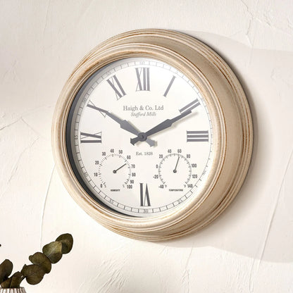 Antique Cream & Brushed Gold Round Indoor Outdoor Wall Clock with Roman Numerals & Temperature Humidity Dials 42x9cm - Click Style