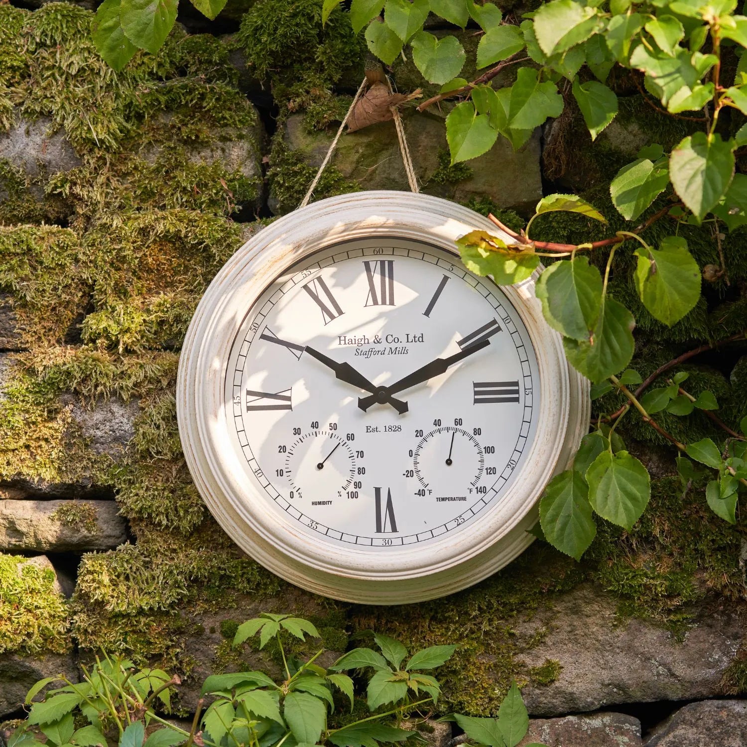 Antique Cream & Brushed Gold Round Indoor Outdoor Wall Clock with Roman Numerals & Temperature Humidity Dials 42x9cm - Click Style