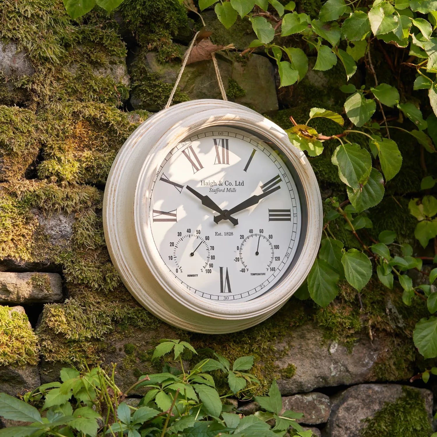 Antique Cream & Brushed Gold Round Indoor Outdoor Wall Clock with Roman Numerals & Temperature Humidity Dials 42x9cm - Click Style