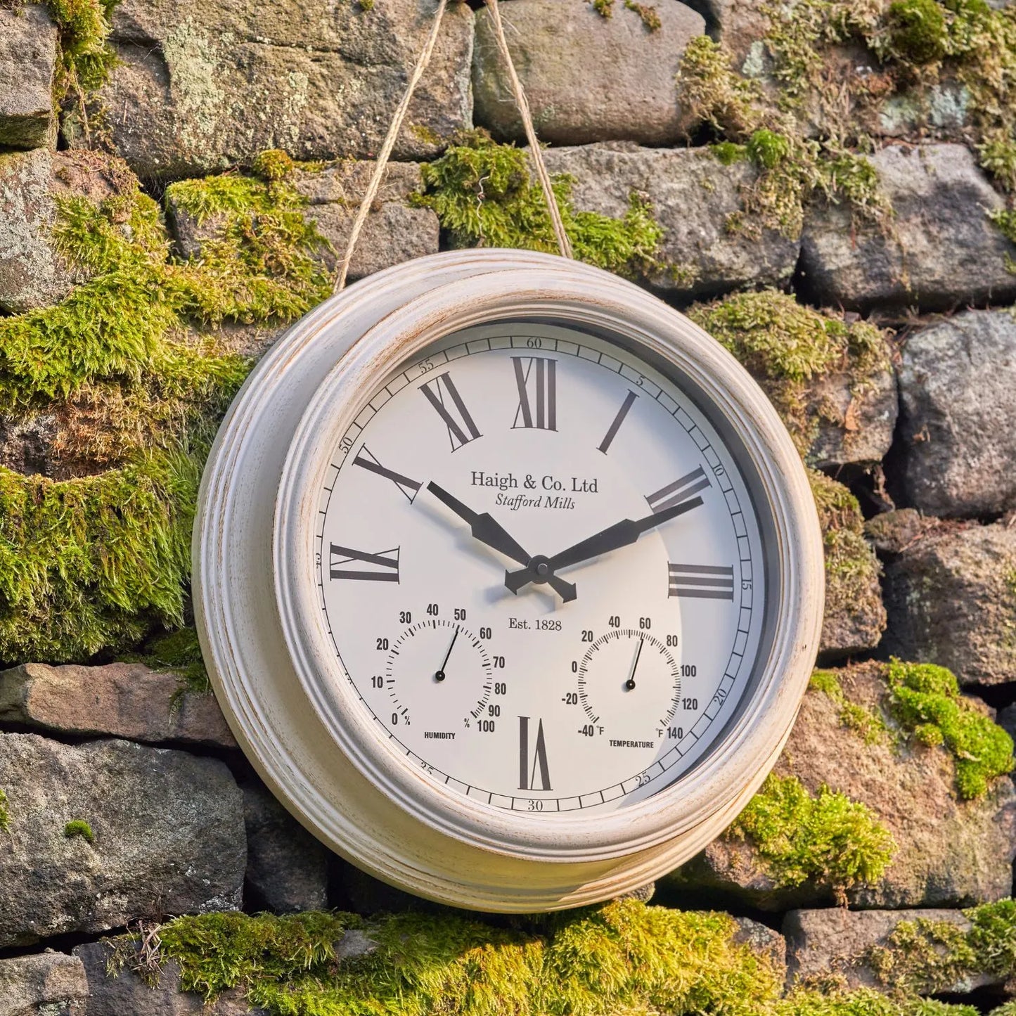 Antique Cream & Brushed Gold Round Indoor Outdoor Wall Clock with Roman Numerals & Temperature Humidity Dials 42x9cm - Click Style