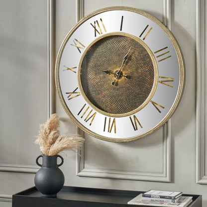 Antique Gold Round Wooden Wall Clock with Mirrored Frame Roman Numerals & Geo Design 80x80x6.5cm - Click Style