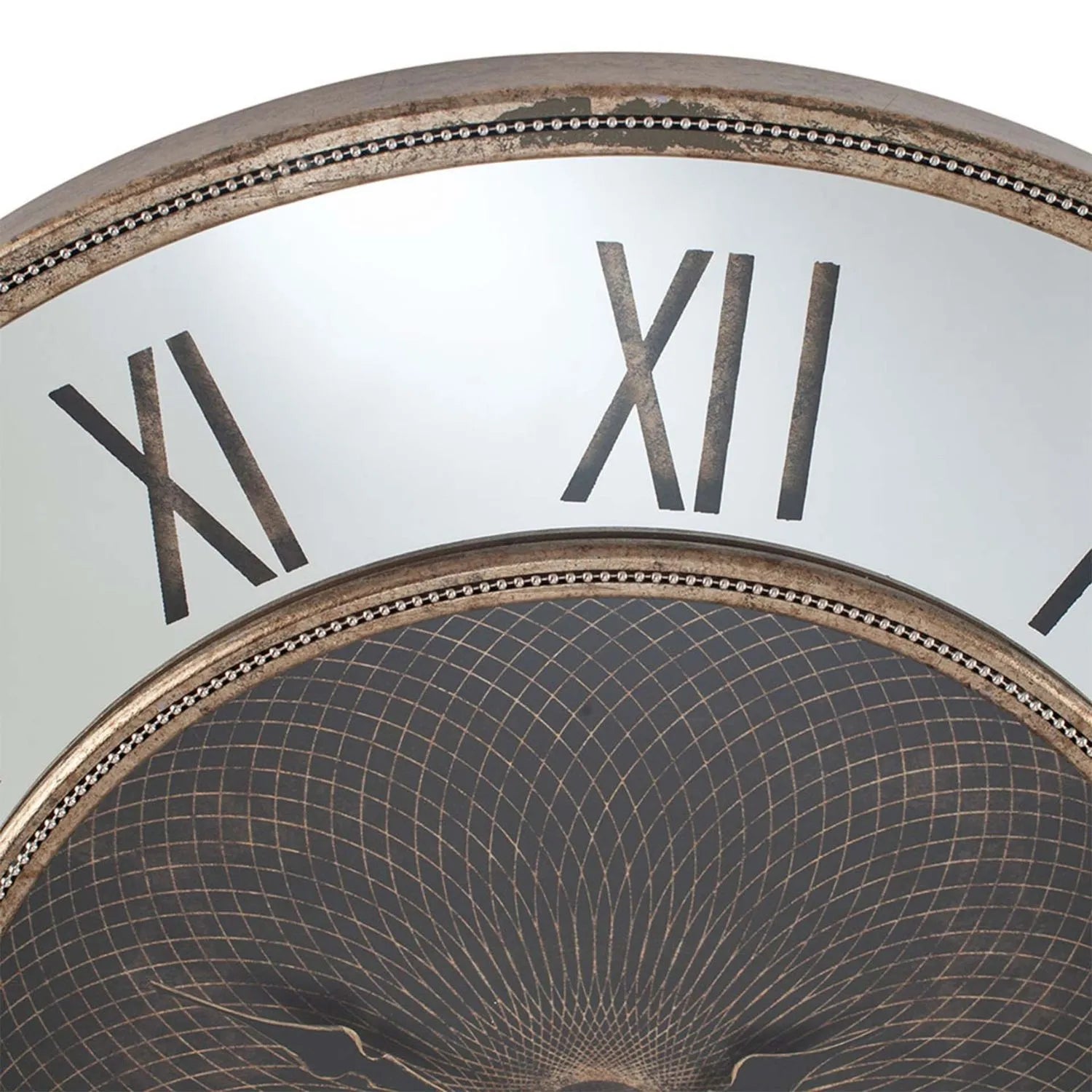 Antique Gold Round Wooden Wall Clock with Mirrored Frame Roman Numerals & Geo Design 80x80x6.5cm - Click Style