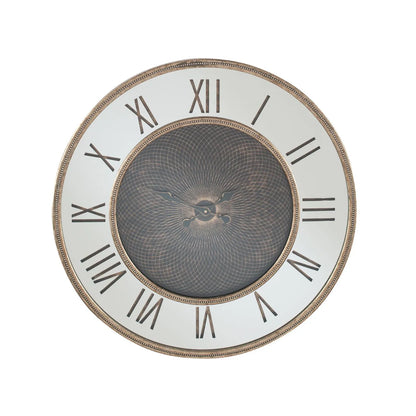 Antique Gold Round Wooden Wall Clock with Mirrored Frame Roman Numerals & Geo Design 80x80x6.5cm - Click Style