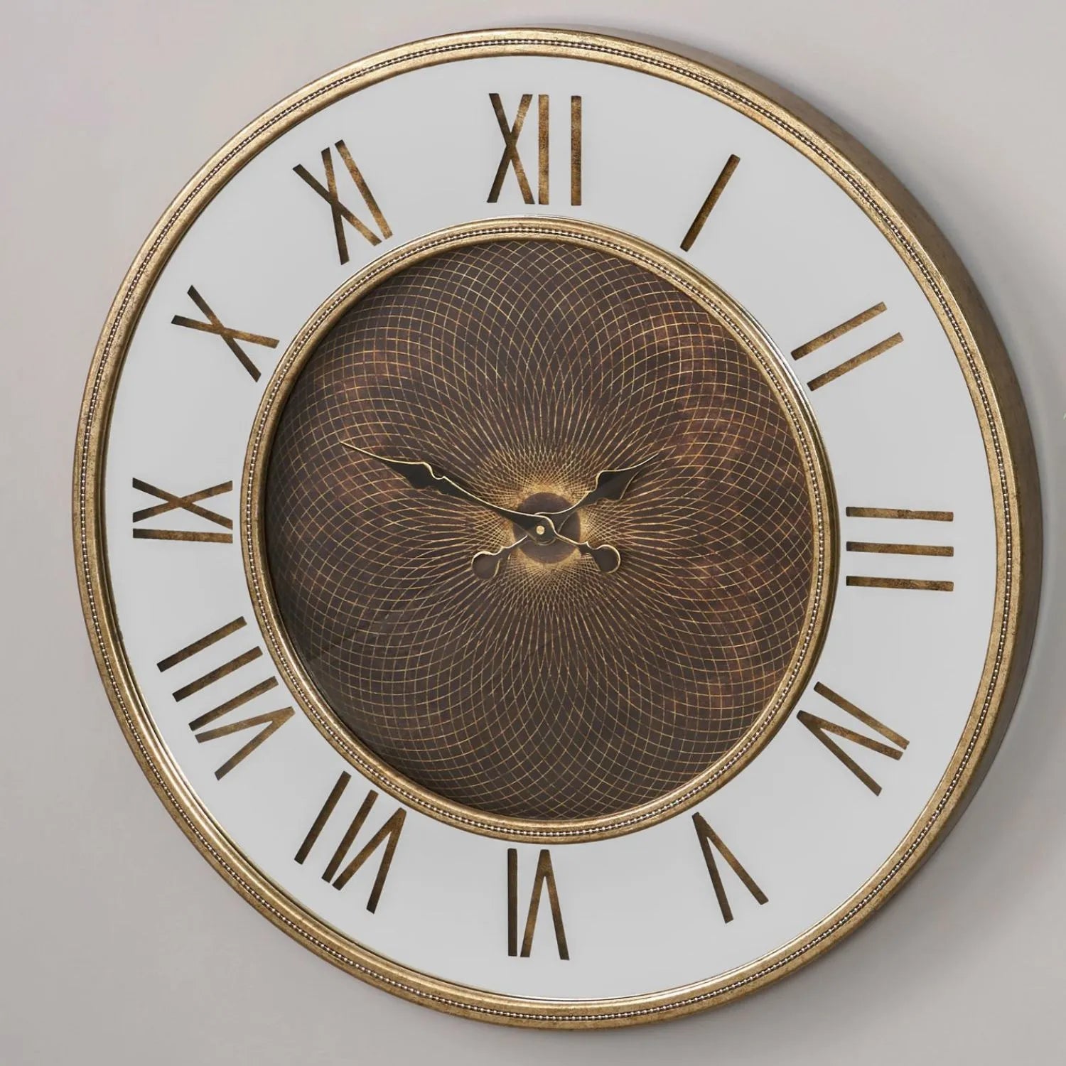 Antique Gold Round Wooden Wall Clock with Mirrored Frame Roman Numerals & Geo Design 80x80x6.5cm - Click Style