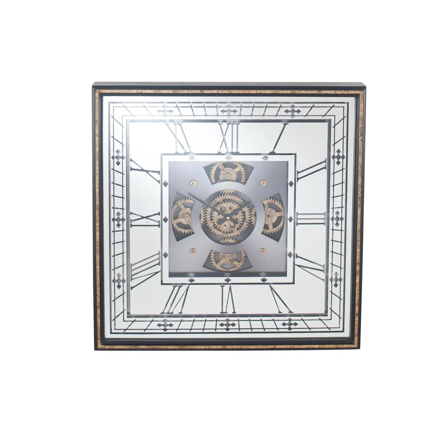 Antique Gold Square Mirrored Frame Wall Clock with Black Roman Numerals Hands & Moving Cog Design 60x8cm - Click Style