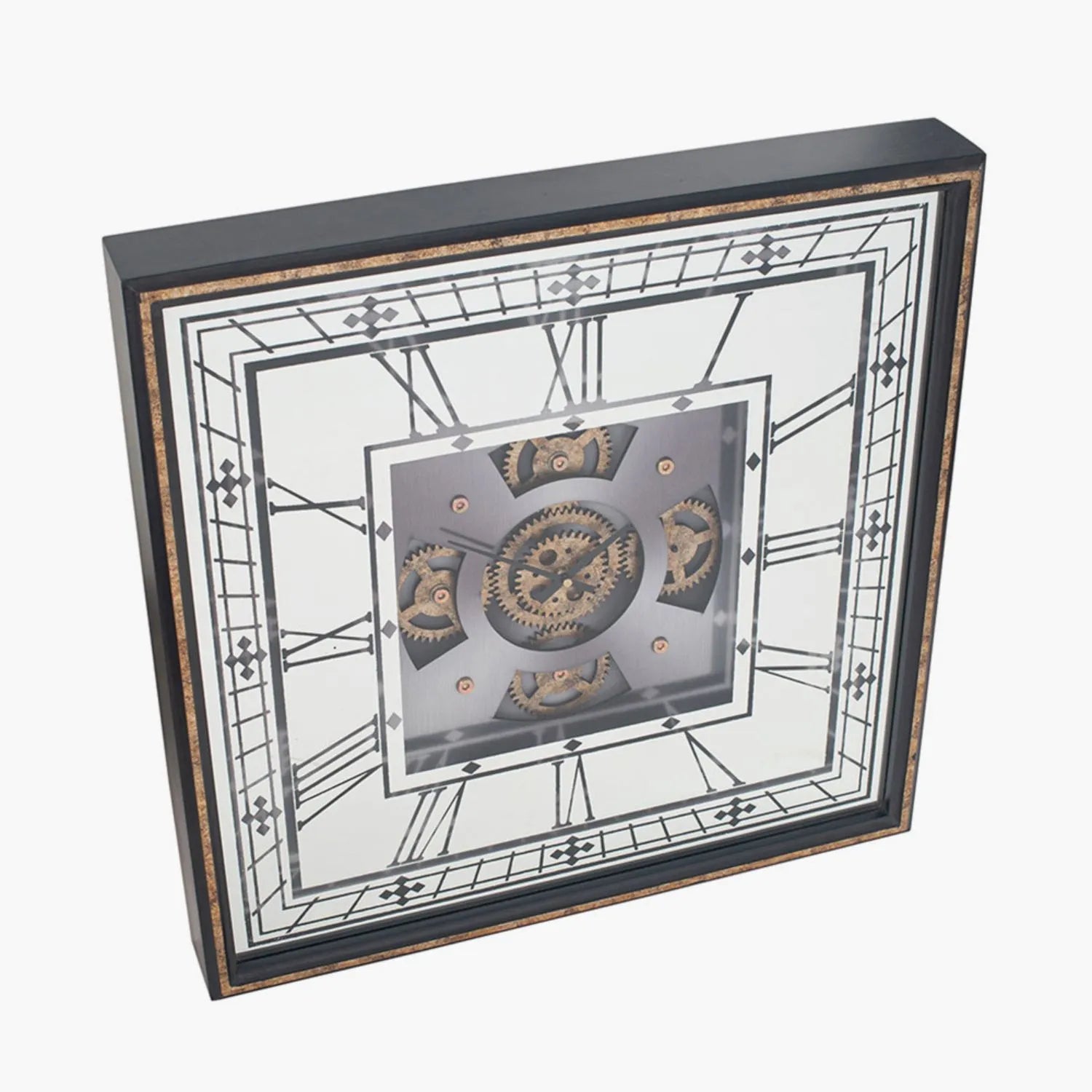 Antique Gold Square Mirrored Frame Wall Clock with Black Roman Numerals Hands & Moving Cog Design 60x8cm - Click Style