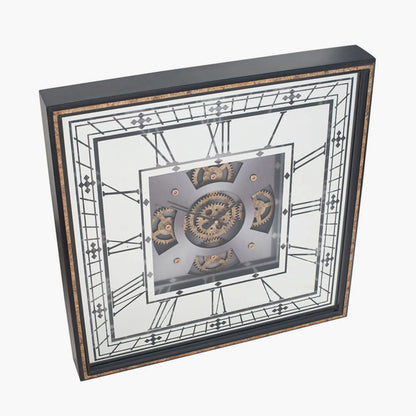 Antique Gold Square Mirrored Frame Wall Clock with Black Roman Numerals Hands & Moving Cog Design 60x8cm - Click Style