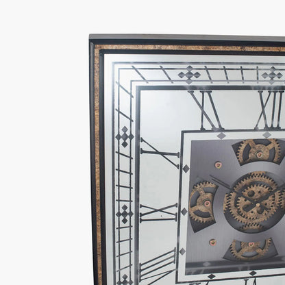 Antique Gold Square Mirrored Frame Wall Clock with Black Roman Numerals Hands & Moving Cog Design 60x8cm - Click Style