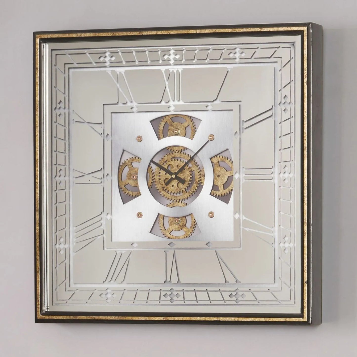 Antique Gold Square Mirrored Frame Wall Clock with Black Roman Numerals Hands & Moving Cog Design 60x8cm - Click Style