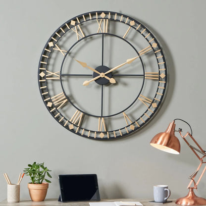 Antique Gold & Black Metal Skeleton Wall Clock with Roman Numerals & Gold Hands 80x80x3.5cm - Click Style