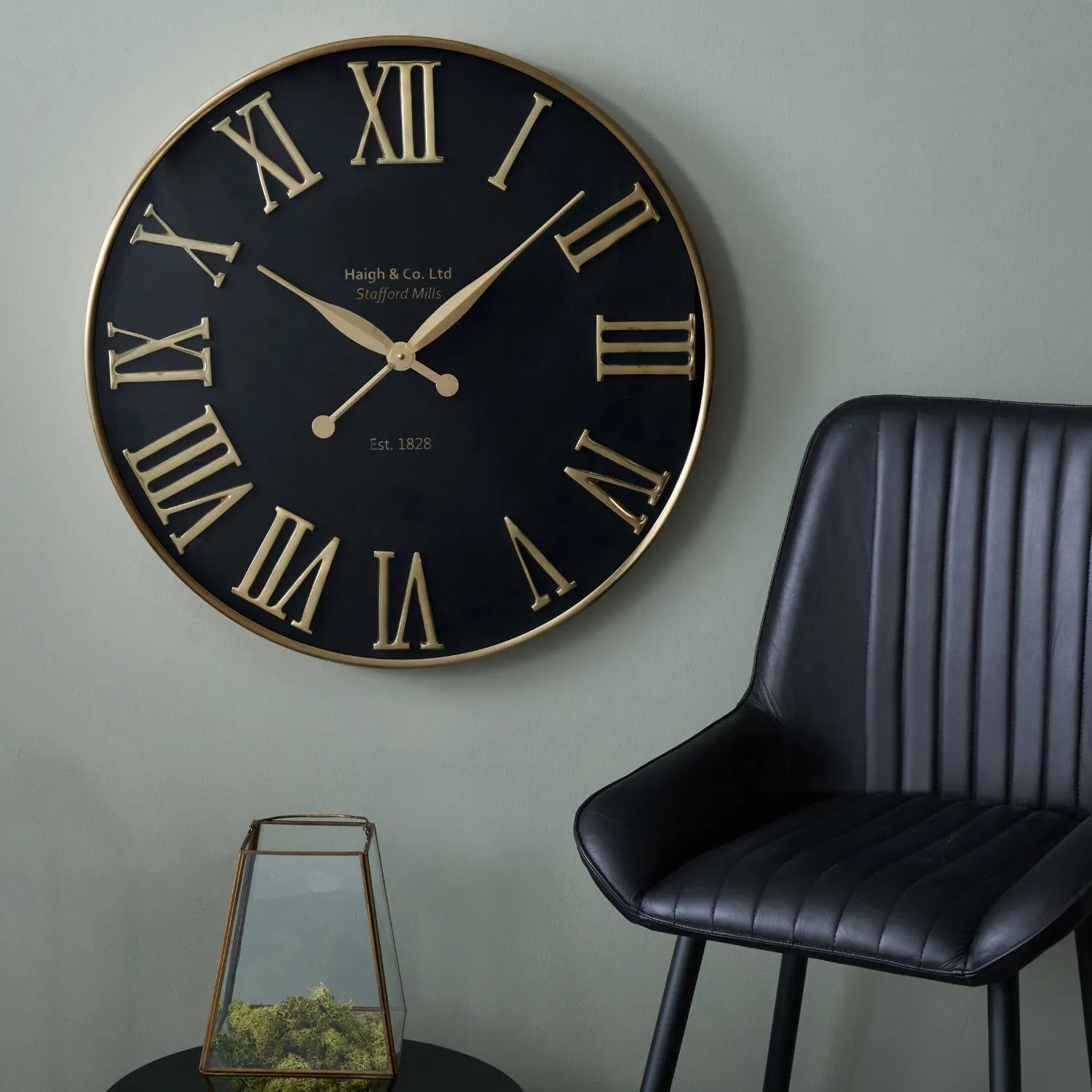 Antique Gold & Black Round Metal Wall Clock with Roman Numerals & Gold Hands 61x61x5cm - Click Style