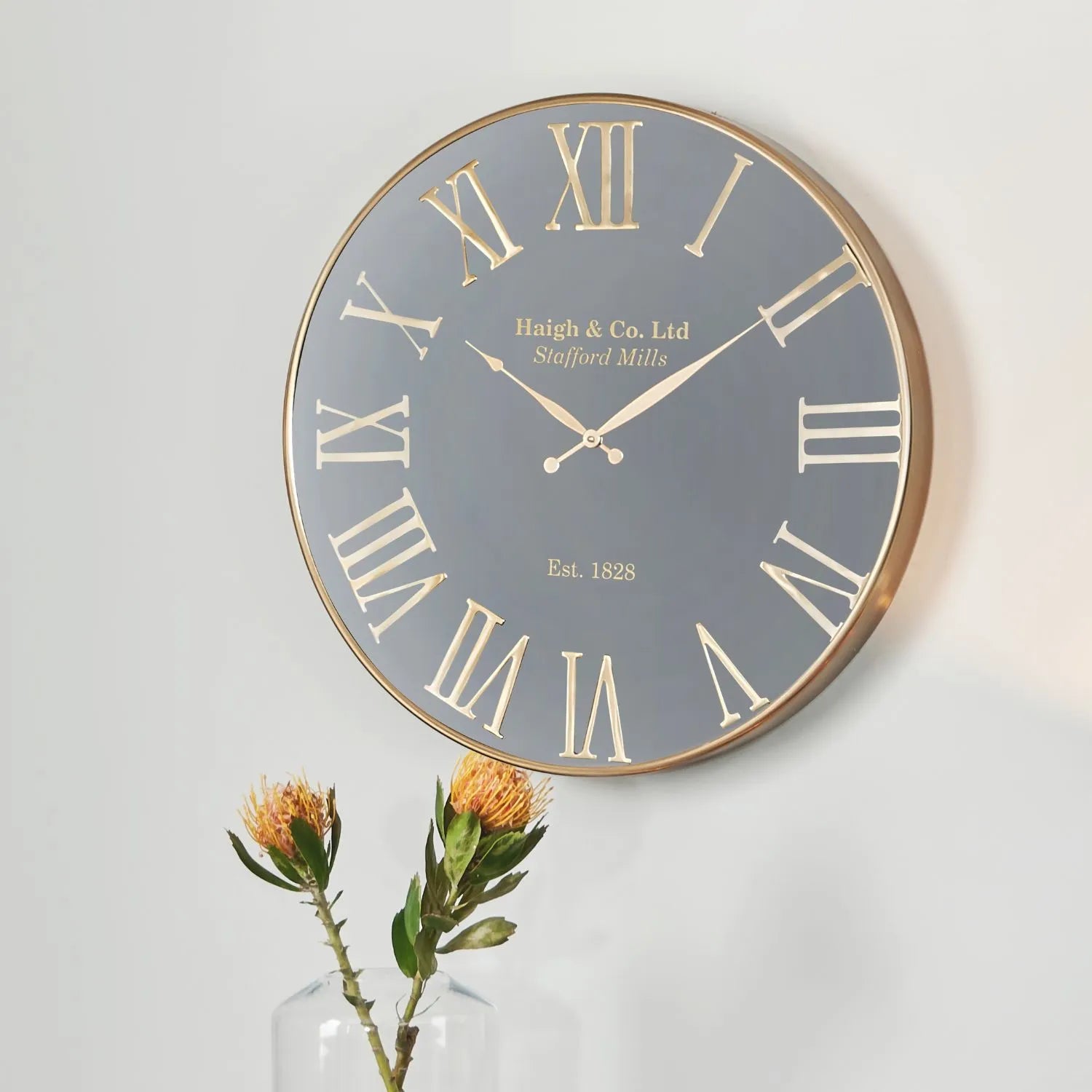 Antique Gold & Black Round Metal Wall Clock with Roman Numerals & Gold Hands 61x61x5cm - Click Style