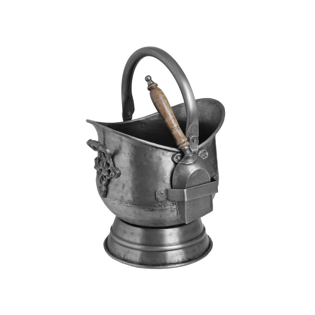 Antique Pewter Effect Silver Coal Bucket with Wooden-Handled Shovel – Ornate Steel Fireside Coal Scuttle 44x30x28cm – Shovel Stored in Side Holder | Click Style