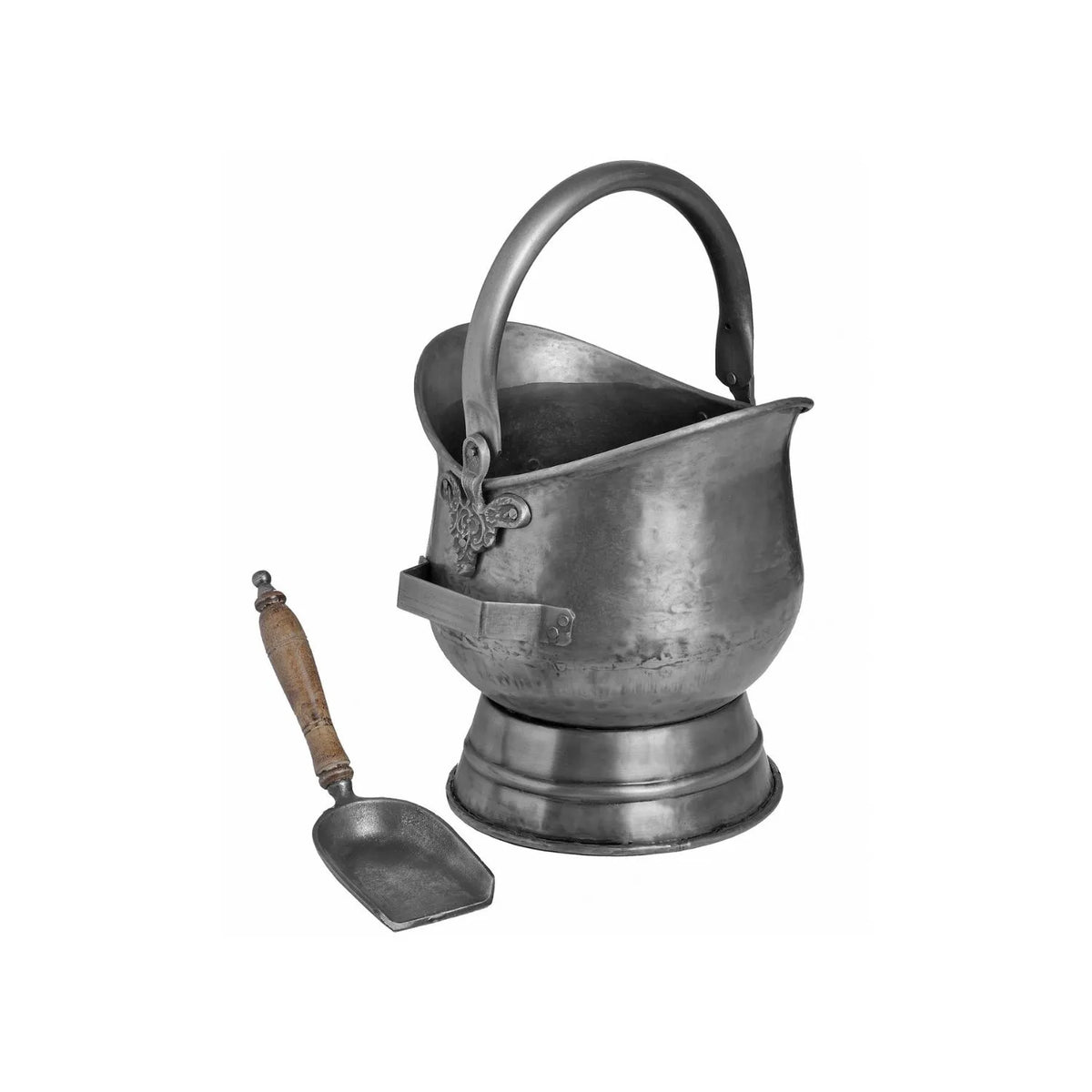 Antique Pewter Effect Silver Coal Bucket with Wooden-Handled Shovel – Ornate Steel Fireside Coal Scuttle 44x30x28cm – Side View with Coal Shovel Displayed Beside Bucket | Click Style