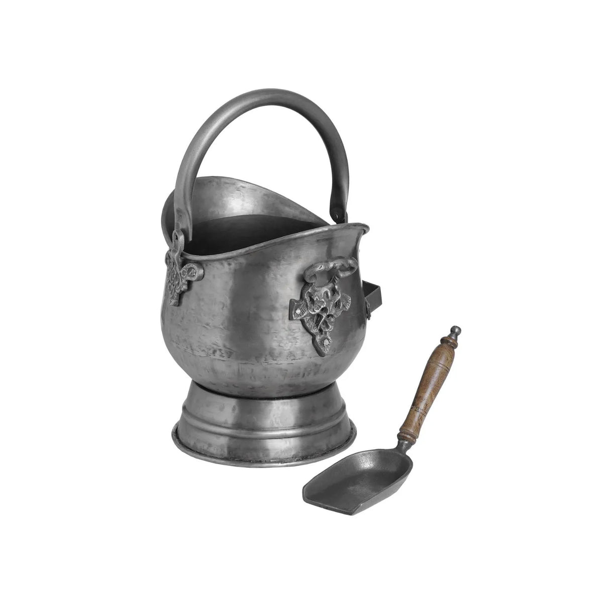 Antique Pewter Effect Silver Coal Bucket with Wooden-Handled Shovel – Ornate Steel Fireside Coal Scuttle 44x30x28cm – Alternative Side View Showing Ornate Metal Detailing & Coal Shovel | Click Style