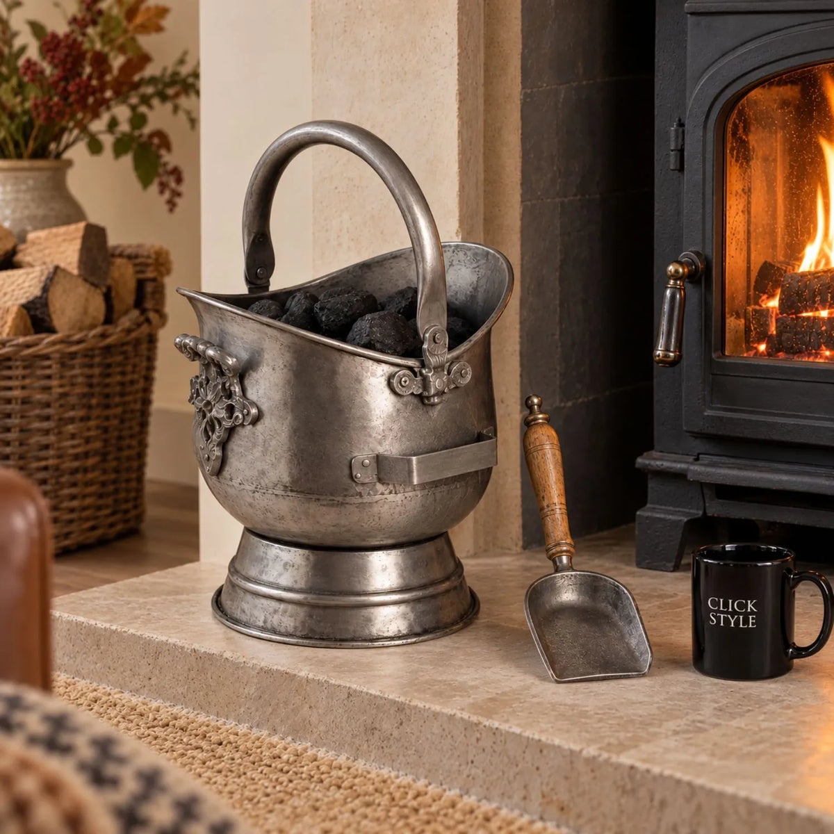 Antique Pewter Effect Silver Coal Bucket with Wooden-Handled Shovel – Ornate Steel Fireside Coal Scuttle 44x30x28cm – Filled with Coal Beside Black Wood-Burning Stove with Shovel Displayed Separately | Click Style