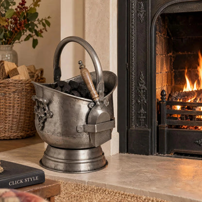 Antique Pewter Effect Silver Coal Bucket with Wooden-Handled Shovel – Ornate Steel Fireside Coal Scuttle 44x30x28cm – Filled with Coal Beside Traditional Open Fireplace | Click Style