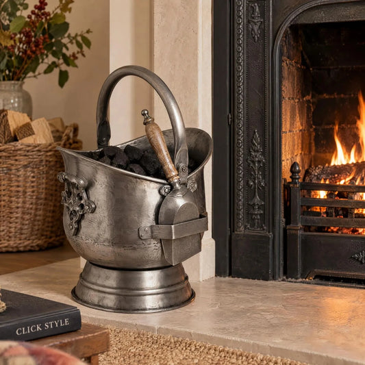 Antique Pewter Effect Silver Coal Bucket with Wooden-Handled Shovel – Ornate Steel Fireside Coal Scuttle 44x30x28cm – Filled with Coal Beside Traditional Open Fireplace | Click Style