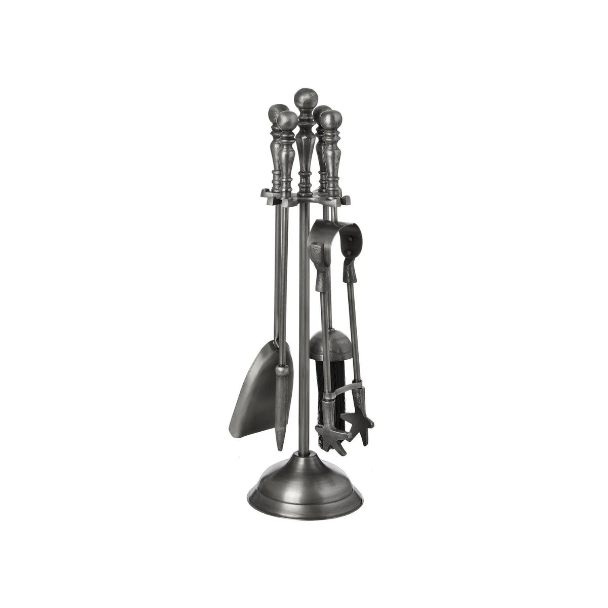 Antique Pewter Effect Silver Fireside Companion Set with Ornate Finial Handles – 4 Fireplace Tools & Stand 48x12x12cm – side view with shovel brush and tongs | Click Style