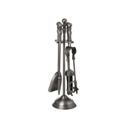 Antique Pewter Effect Silver Fireside Companion Set with Ornate Finial Handles – 4 Fireplace Tools & Stand 48x12x12cm – side view with shovel brush and tongs | Click Style