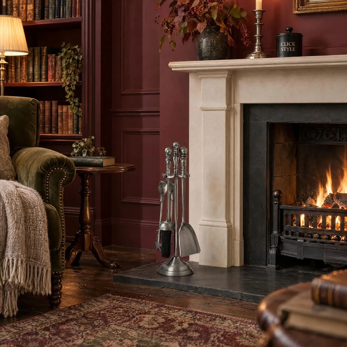 Antique Pewter Effect Silver Fireside Companion Set with Ornate Finial Handles – 4 Fireplace Tools & Stand 48x12x12cm | Click Style – styled beside a traditional fireplace in a burgundy Georgian-inspired library interior
