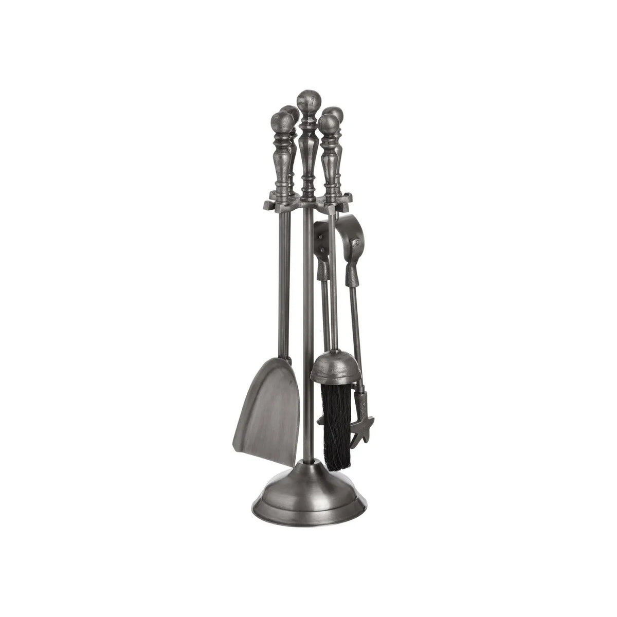 Antique Pewter Effect Silver Fireside Companion Set with Ornate Finial Handles – 4 Fireplace Tools & Stand 48x12x12cm – opposite angled view with shovel and brush | Click Style