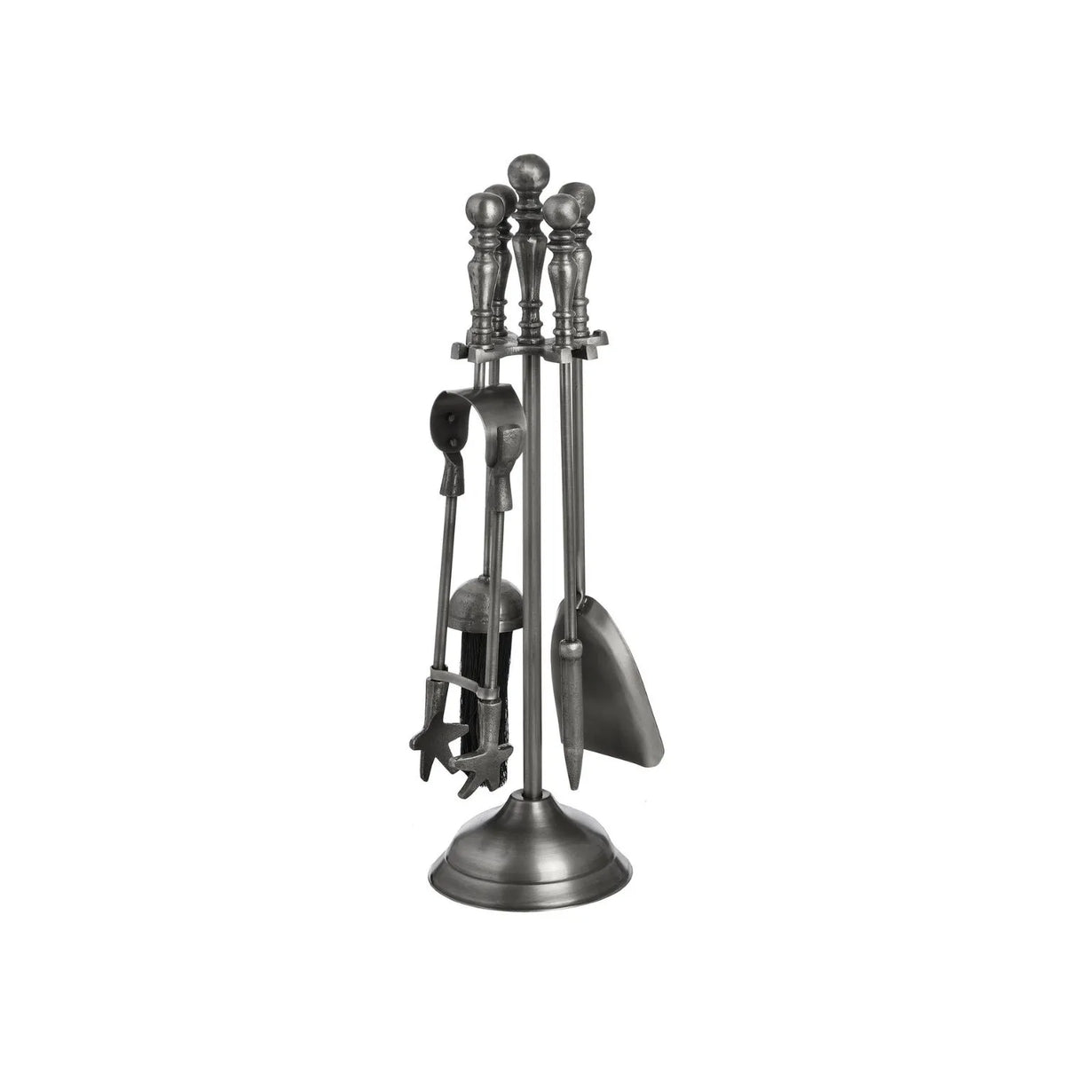 Antique Pewter Effect Silver Fireside Companion Set with Ornate Finial Handles – 4 Fireplace Tools & Stand 48x12x12cm – reverse angled view with brush and shovel | Click Style