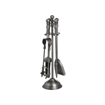 Antique Pewter Effect Silver Fireside Companion Set with Ornate Finial Handles – 4 Fireplace Tools & Stand 48x12x12cm – reverse angled view with brush and shovel | Click Style