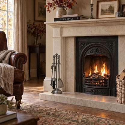 Antique Pewter Effect Silver Fireside Companion Set with Ornate Finial Handles – 4 Fireplace Tools & Stand 48x12x12cm | Click Style – styled beside a limestone fireplace in an autumnal British country-house interior