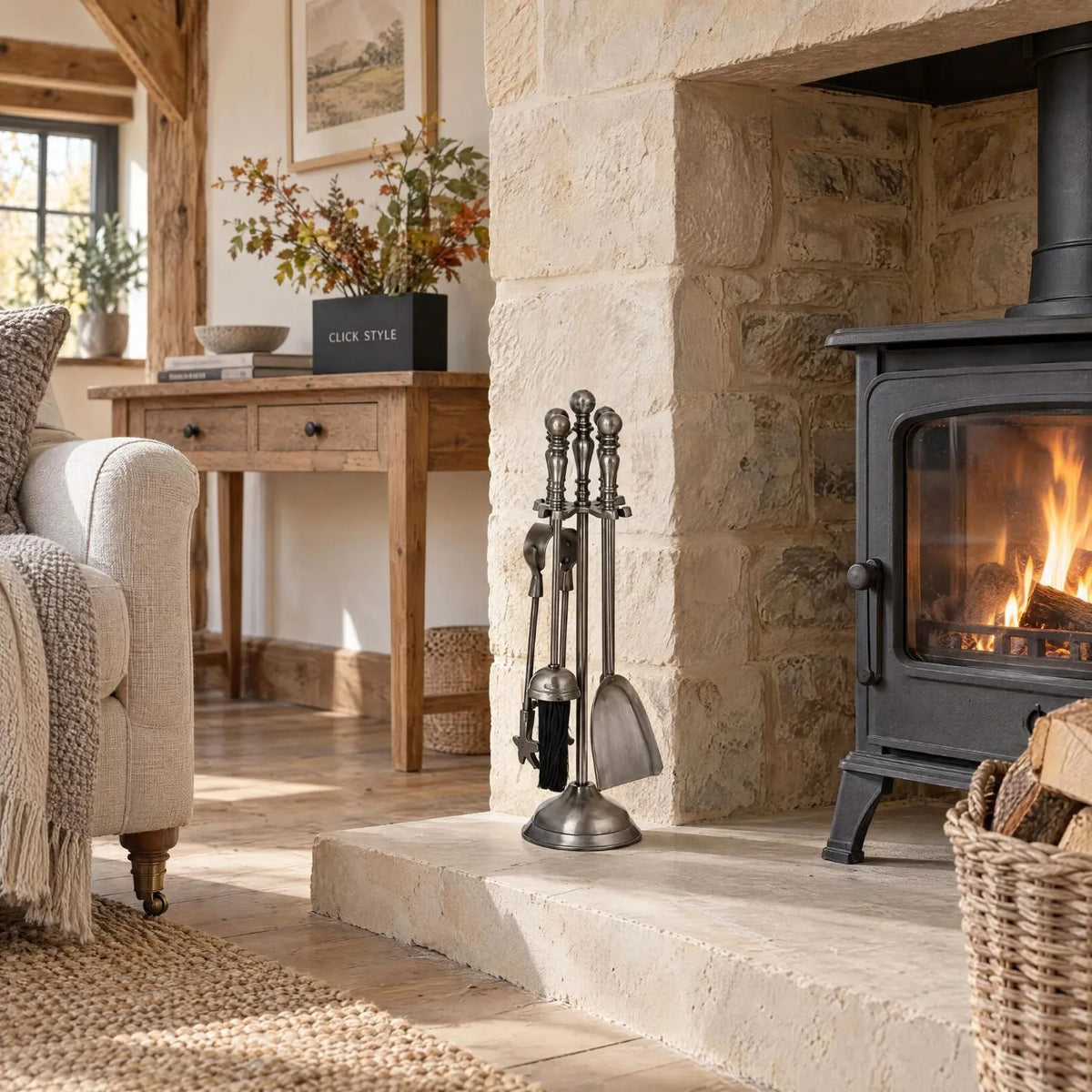 Antique Pewter Effect Silver Fireside Companion Set with Ornate Finial Handles – 4 Fireplace Tools & Stand 48x12x12cm | Click Style – styled beside a Cotswold stone fireplace and wood-burning stove in a bright country interior