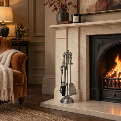Antique Pewter Effect Silver Fireside Companion Set with Ornate Finial Handles – 4 Fireplace Tools & Stand 48x12x12cm | Click Style – styled beside an ivory marble fireplace in a luxury British interior