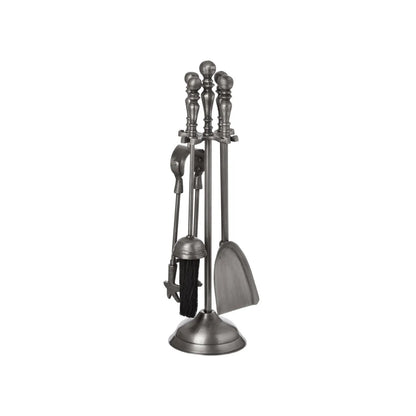 Antique Pewter Effect Silver Fireside Companion Set with Ornate Finial Handles – 4 Fireplace Tools & Stand 48x12x12cm – angled front view | Click Style