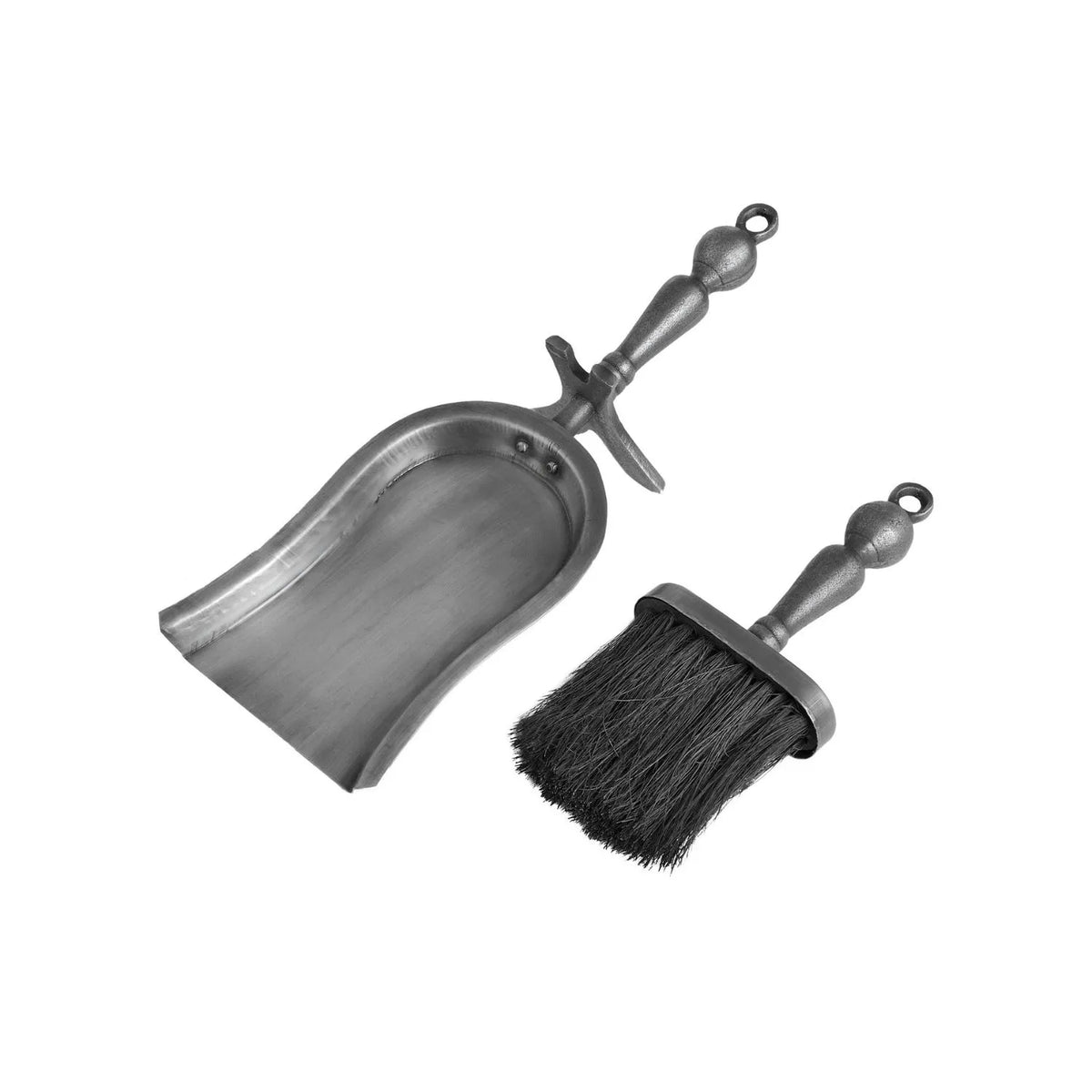 Antique Pewter Effect Silver Hearth Tidy Set with Brush & Shovel – Steel Fireplace Cleaning Set 37x14x10cm showing separate steel brush and shovel | Click Style