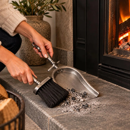 Antique Pewter Effect Silver Hearth Tidy Set with Brush & Shovel – Steel Fireplace Cleaning Set 37x14x10cm being used to sweep the stone hearth | Click Style