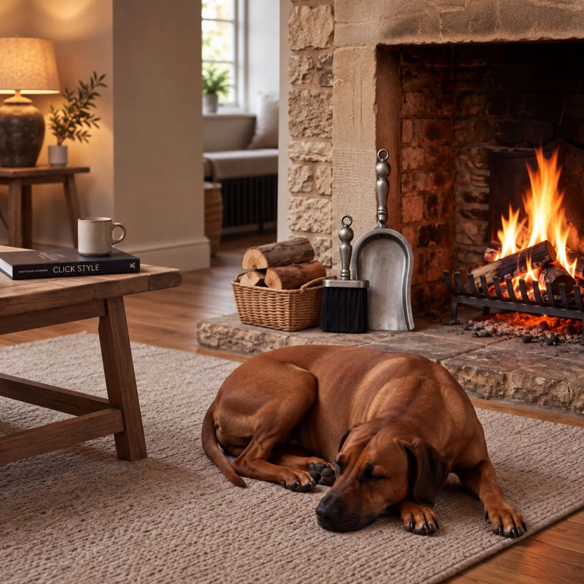 Antique Pewter Effect Silver Hearth Tidy Set with Brush & Shovel – Steel Fireplace Cleaning Set 37x14x10cm in a cosy fireside living room with sleeping Rhodesian Ridgeback | Click Style
