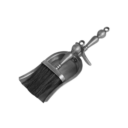 Antique Pewter Effect Silver Hearth Tidy Set with Brush & Shovel – Steel Fireplace Cleaning Set 37x14x10cm close-up showing brush nested inside shovel | Click Style