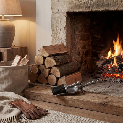 Antique Pewter Effect Silver Hearth Tidy Set with Brush & Shovel – Steel Fireplace Cleaning Set 37x14x10cm styled beside a rustic stone fireplace | Click Style