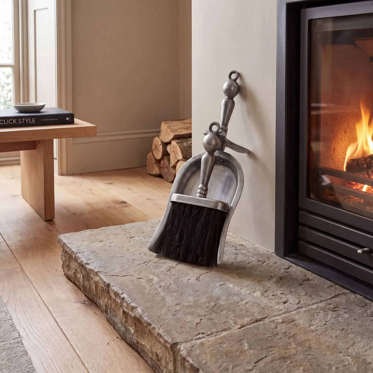 Antique Pewter Effect Silver Hearth Tidy Set with Brush & Shovel – Steel Fireplace Cleaning Set 37x14x10cm stored together beside a fireplace | Click Style