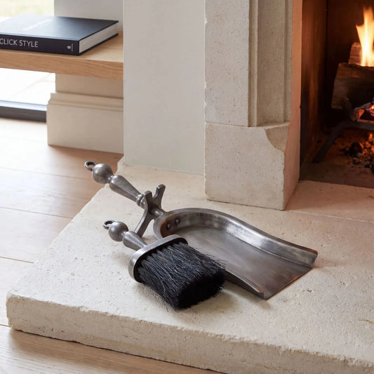 Antique Pewter Effect Silver Hearth Tidy Set with Brush & Shovel – Steel Fireplace Cleaning Set 37x14x10cm styled on a stone hearth beside a fireplace | Click Style
