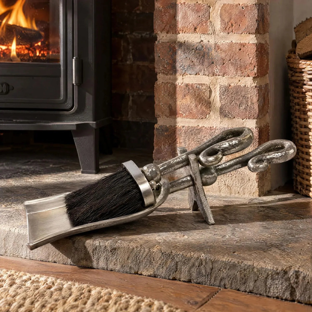 Antique Pewter Effect Silver Hearth Tidy with X-Shaped Stand – Crook-Handled Brush & Shovel Fireplace Cleaning Set 9x37x13cm on Stone Hearth beside Brick Fireplace | Click Style